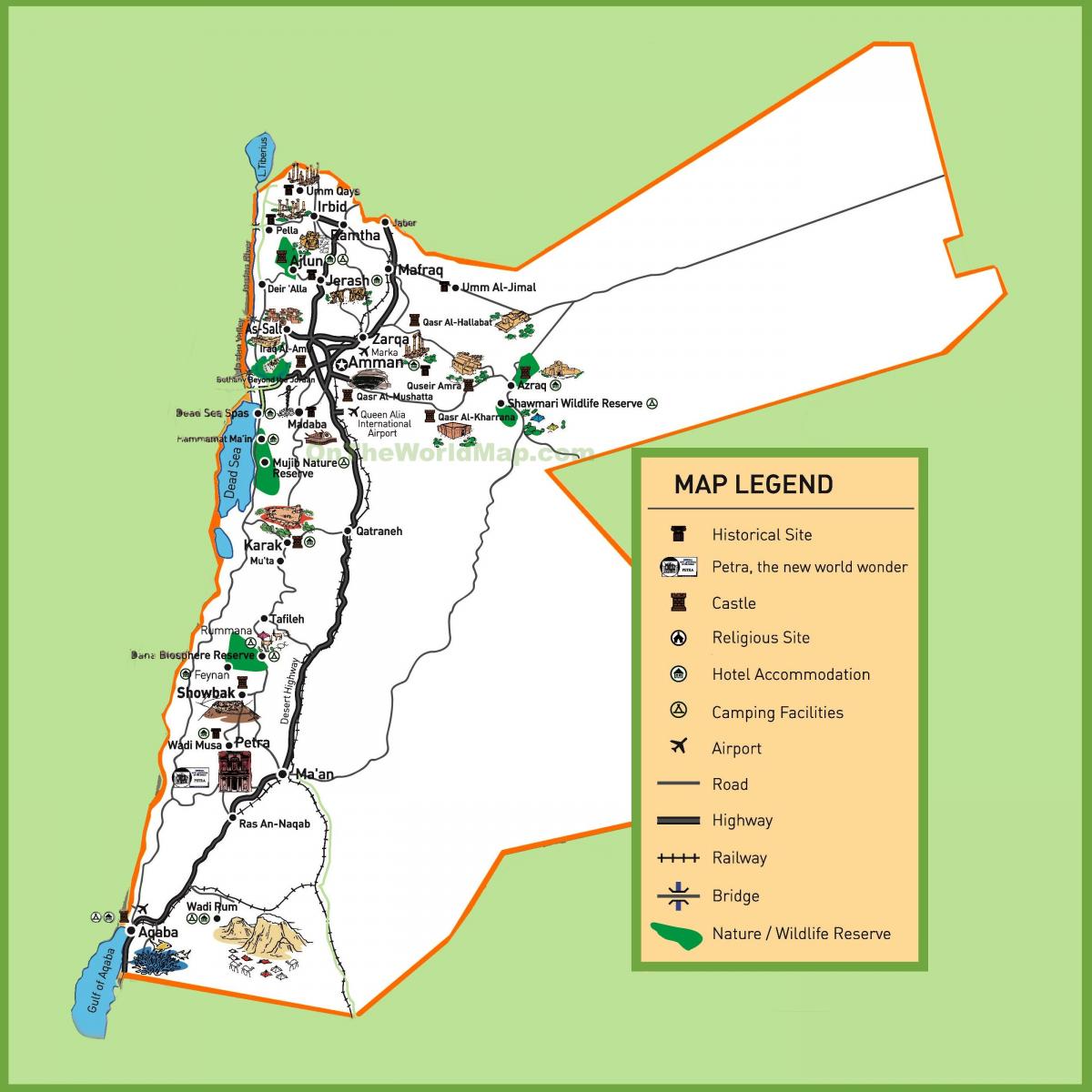 kart over Jordan turistattraksjoner